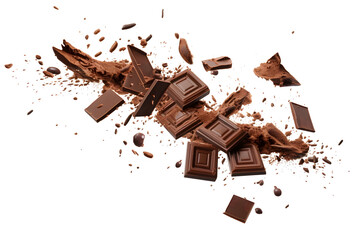 Fototapeta premium Pieces of dark chocolate falling with choc flakes in the air isolated on white background