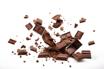 Pieces of dark chocolate falling with choc flakes in the air isolated on white background