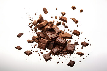 Pieces of dark chocolate falling with choc flakes in the air isolated on white background