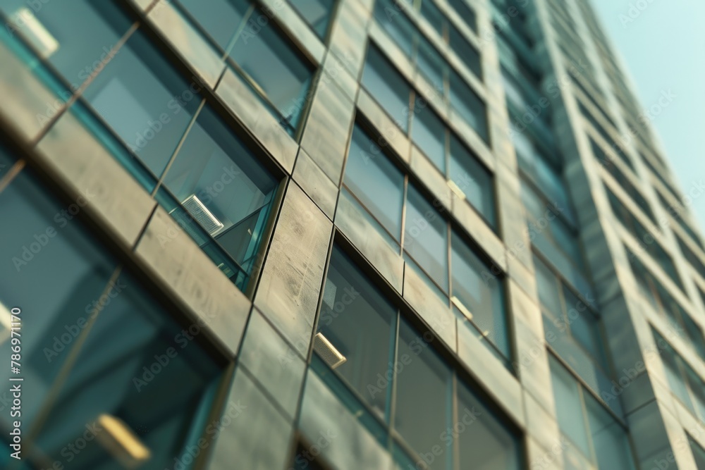 Poster tall building with numerous windows and a traffic light below. suitable for urban cityscape concepts