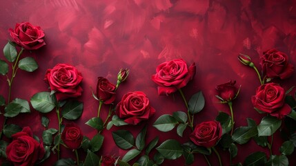 A line of dark red roses laid out along the top border of a burgundy background, providing a deep, romantic touch with a minimalist design and generous negative space.