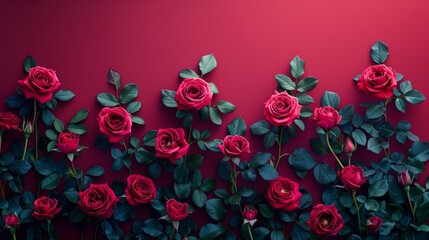 A line of dark red roses laid out along the top border of a burgundy background, providing a deep, romantic touch with a minimalist design and generous negative space. - obrazy, fototapety, plakaty