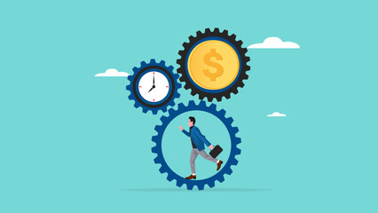 effort and time to make money with businessman running with full effort in gears to turn time and make money, experience and persistence for career success, long-term investment success concept