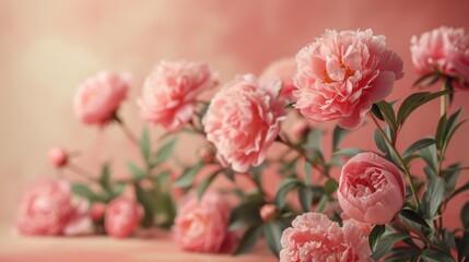 A minimalistic display of pale pink peonies arranged in a thin vertical line along the left side of a soft beige background, designed with simplicity and significant negative space.