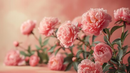 Fototapeta premium A minimalistic display of pale pink peonies arranged in a thin vertical line along the left side of a soft beige background, designed with simplicity and significant negative space.