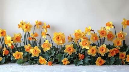 A thin line of bright yellow daffodils gracefully positioned at the bottom edge of a crisp white background, providing a vibrant contrast and extensive negative space.