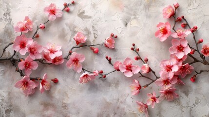 Delicate pink cherry blossoms loosely arranged along the left border of a pale grey canvas, emphasizing simplicity and spacious negative space.