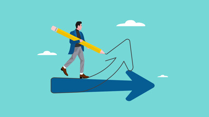Change direction or career path for best business opportunity and career success, change business strategy, businessman draw new arrow metaphor of change direction to achieve success,