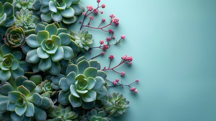 Light green succulents and small pink buds scattered along the right border of a pale mint background, blending natural tones with spacious negative space. - obrazy, fototapety, plakaty