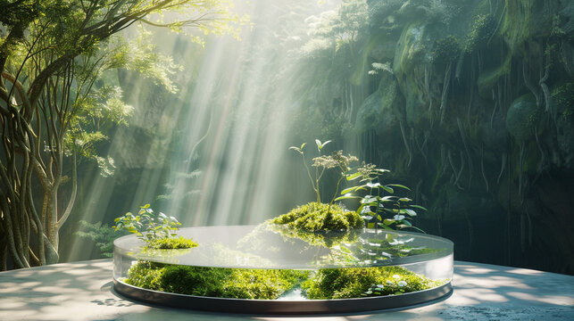 Tranquil Terrarium Scene Miniature World Bathed in Sunlight, Reflecting Nature's Serenity