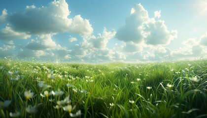 green field and blue sky landscape relaxed background  - obrazy, fototapety, plakaty