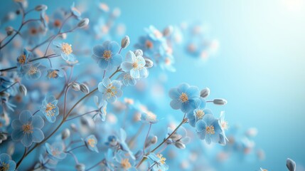 Fototapeta premium Vibrant green leaves and small blue forget-me-nots placed along one side of a pale grey surface, creating a fresh spring feel with significant negative space.