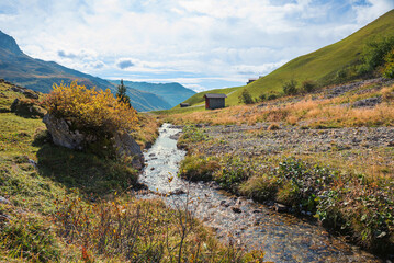 Schanielabach creek, area Partnun, Prattigau landscape in autumn - 786971772