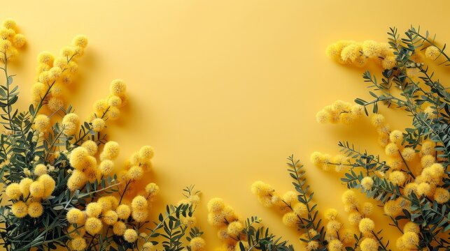 Sprigs of yellow mimosa flowers delicately placed along the right border of a sunny yellow background, creating a cohesive color theme with expansive negative space.