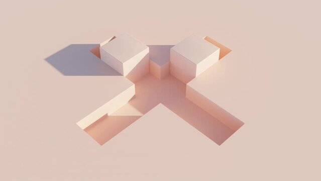 Dynamic 3D Render: Synchronized Dance of 2 Peach-Colored Cubes in Cross-Shaped Grooves