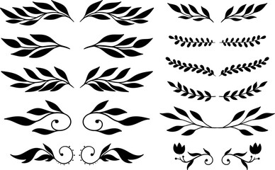 Set of hand drawn leaves, branches, flowers, flourishes. Design element for banner, sign, poster, decoration. Vector illustration - 786972187