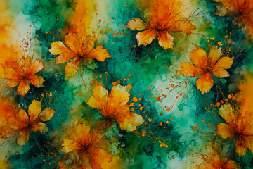 Abstract Painting Drawn With Alcohol Ink In Green And Yellow With Addition Of Orange Colors