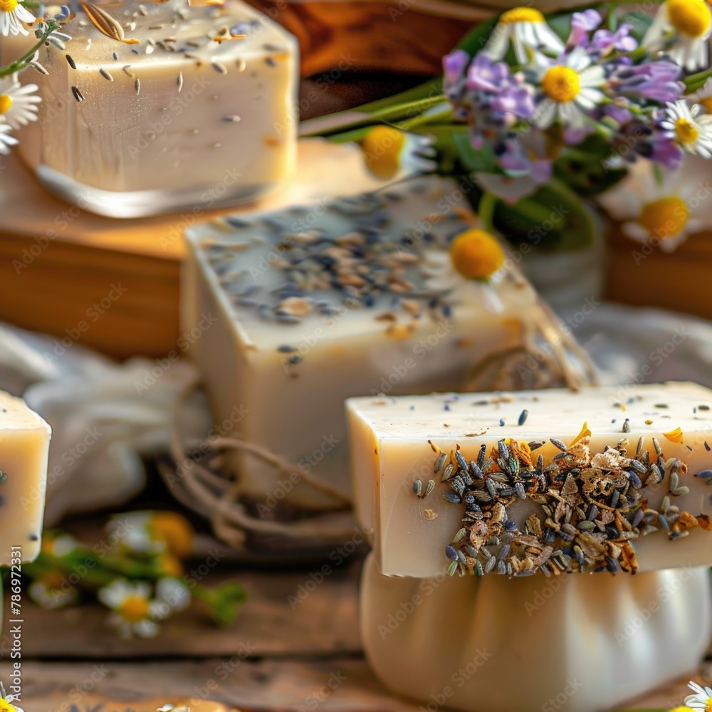 Poster a bunch of soap bars on a rustic wooden table. suitable for hygiene or natural product concepts