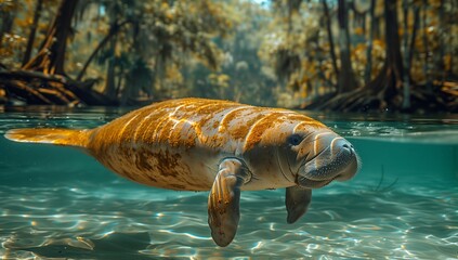 A manatee gracefully glides underwater in a lake near a forest