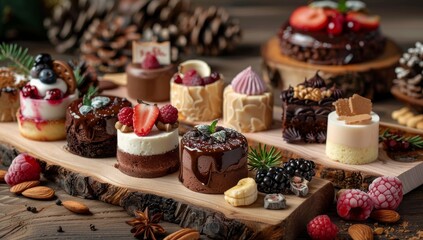 A collection of colorful and delicious mini cakes, muffins with chocolate, fruits, nuts, and decorations. The cakes include ice cream and chocolate confectionery.