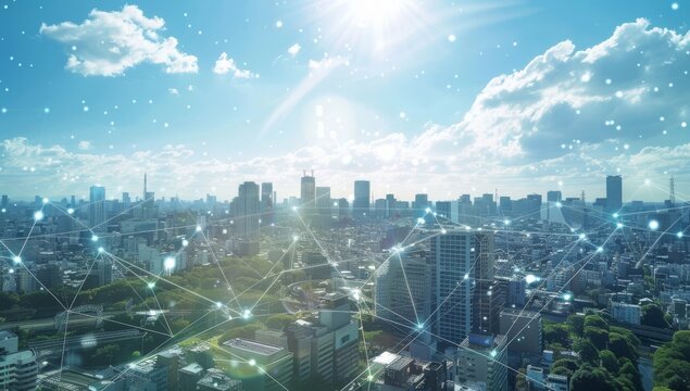 A cityscape with connected network lines and technology icons, representing the digital transformation of urban environments. The background is a clear blue sky, symbolizing hope for future
