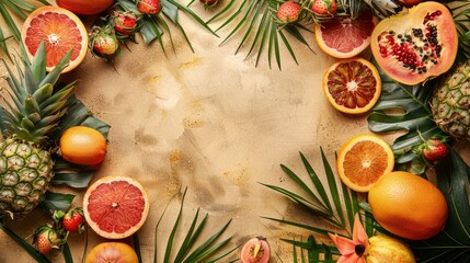 Fototapeta na wymiar Tropical Oasis: A Blank Canvas Surrounded by Lush Foliage and Exotic Fruits