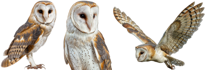 Barn owl collection, standing, portrait and flying, isolated on a white background