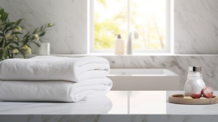 Fototapeta na wymiar White clean towels on wooden table in bathroom. Spa