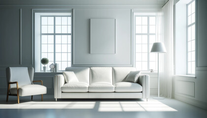 white sofa and white armchair in a classic white living room interior