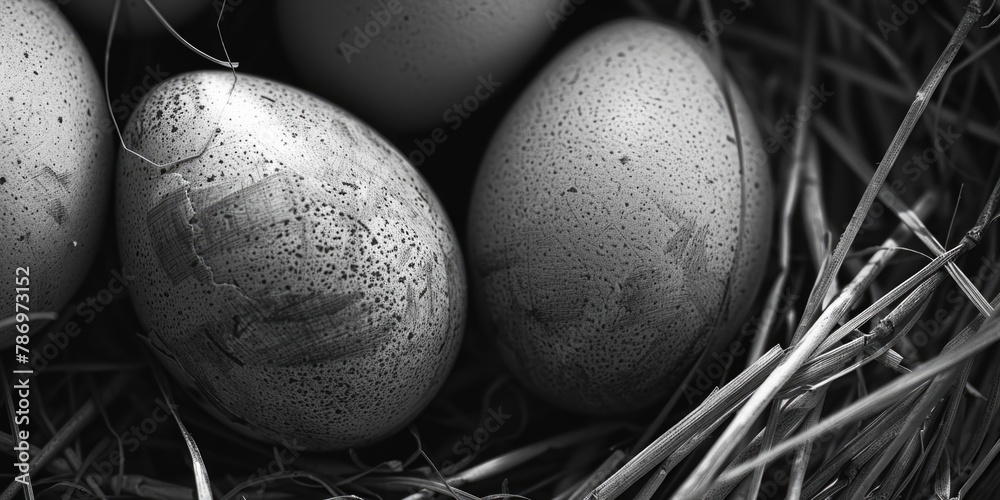 Poster three eggs in a nest with grass and straw. ideal for nature and easter themed designs