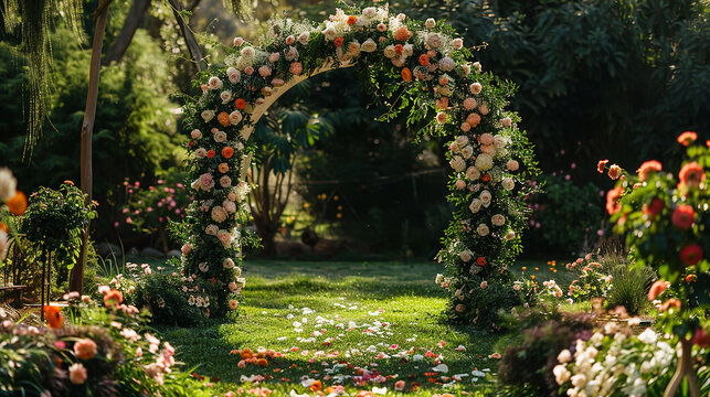 A wedding arch made of flowers in a forest setting


