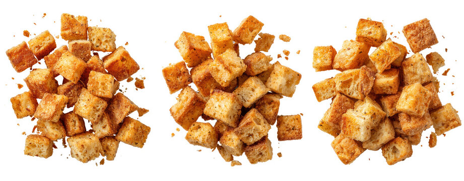 Set of Croutons bread toast snack cube piece pile isolated on transparent background