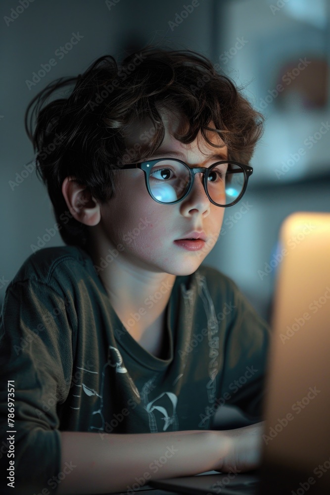 Poster young boy wearing glasses using a laptop computer. suitable for educational and technology concepts