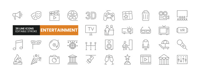 Set of 36 Entertainment line icons set. Entertainment outline icons with editable stroke collection. Includes Cinema, Gaming, Television, Beach, Theatre, and More.