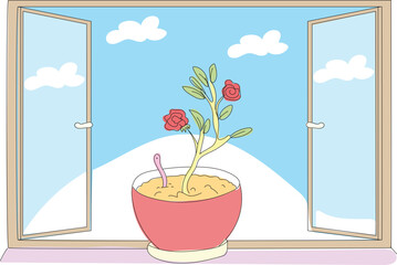 Flowerpot in front of the window. Rose in pot. Worm.