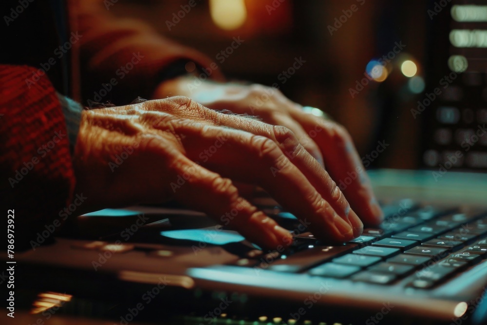Poster close up of a person typing on a laptop, suitable for technology concepts