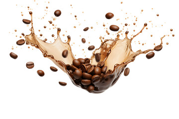 Splash of coffee with beans flying through the air on a white background