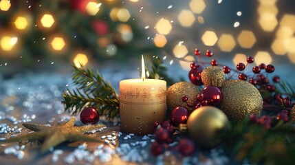 A festive candle surrounded by Christmas decor, perfect for holiday projects