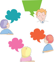 Children answering the teacher's question. Speech bubbles.