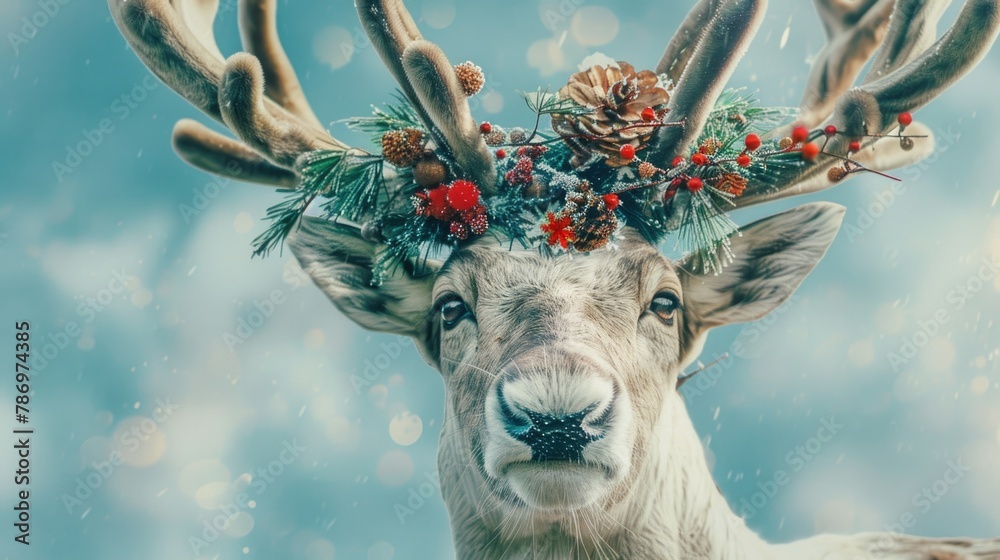 Poster A close up of a reindeer with a festive wreath on its head. Perfect for holiday designs