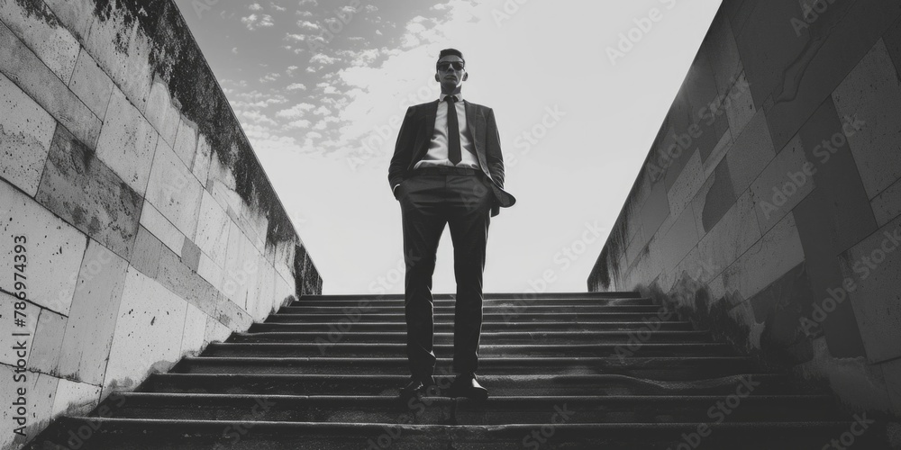 Poster a man in a suit and tie standing on a set of stairs. perfect for business concepts