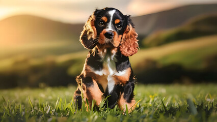 happy english cocker spaniel puppy portrait with grass in the background