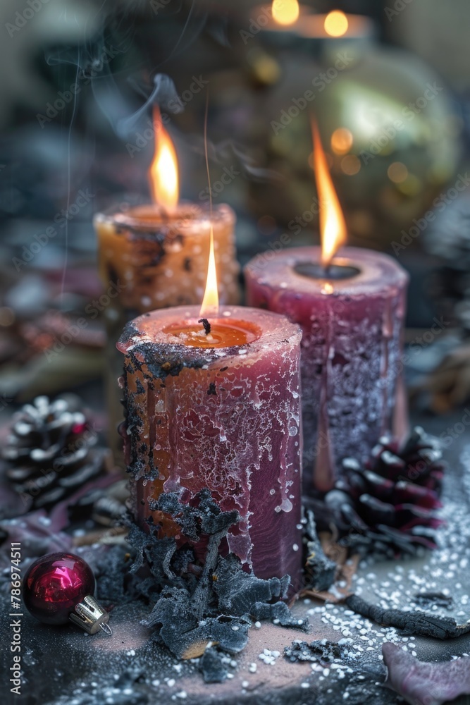 Poster A group of three candles on a table. Suitable for various occasions