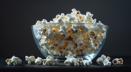 Popcorn in glass bowl on wooden table against dark background, closeup. Movie night concept with copy space, copy space.
