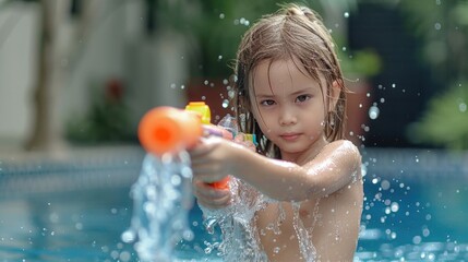 A playful girl enjoying summer in the pool. Perfect for summer activities promotion