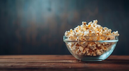 Popcorn in glass bowl on wooden table against dark background, closeup. Movie night concept with copy space, copy space.