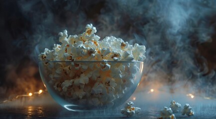 Popcorn in glass bowl on wooden table against dark background, closeup. Movie night concept with copy space, copy space. - obrazy, fototapety, plakaty