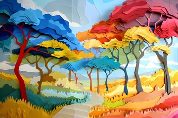 Layered paper art depicting a colorful zoo scene with abstract trees and a vibrant blue sky showcasing depth and dimensionality through intricate