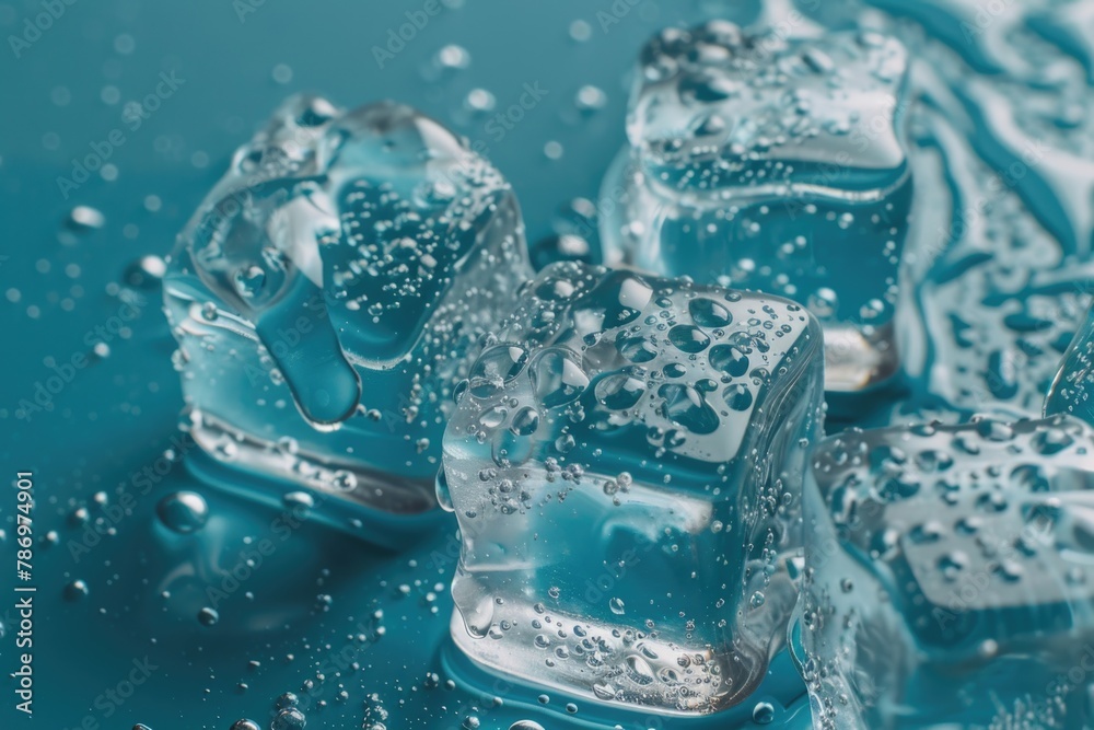 Poster group of ice cubes on a blue background. suitable for various cold beverage concepts