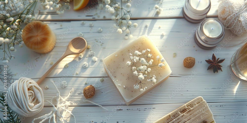 Poster simple soap bar on rustic wooden surface. ideal for hygiene or spa concepts